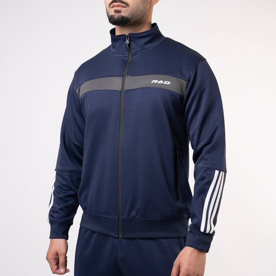 Navy Mock-Neck Tracksuit with 3 Stripes & Gray Panels