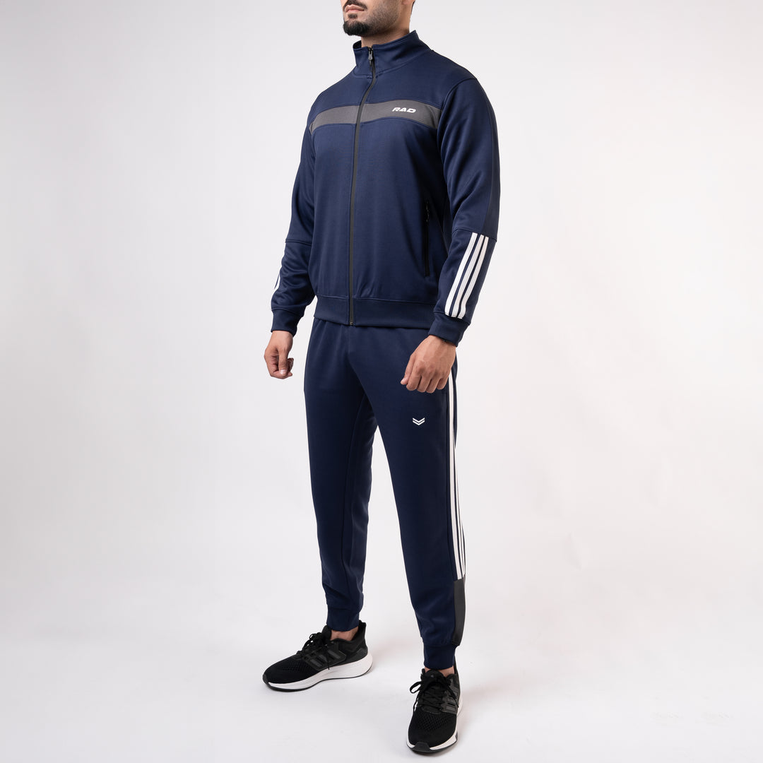 Navy Mock-Neck Tracksuit with 3 Stripes & Gray Panels