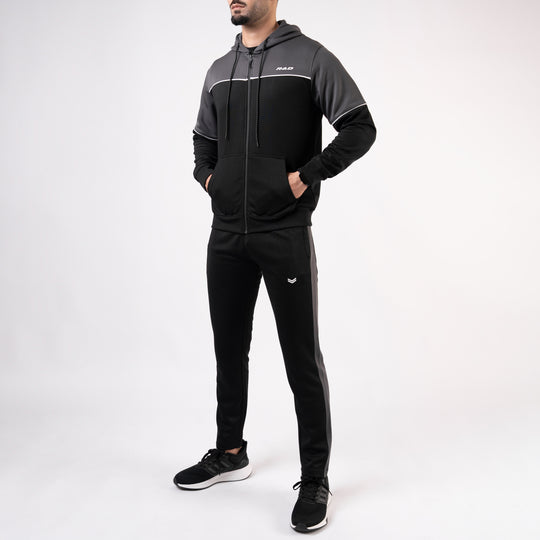 Black Hooded Tracksuit with Gray Top Panels & White Piping