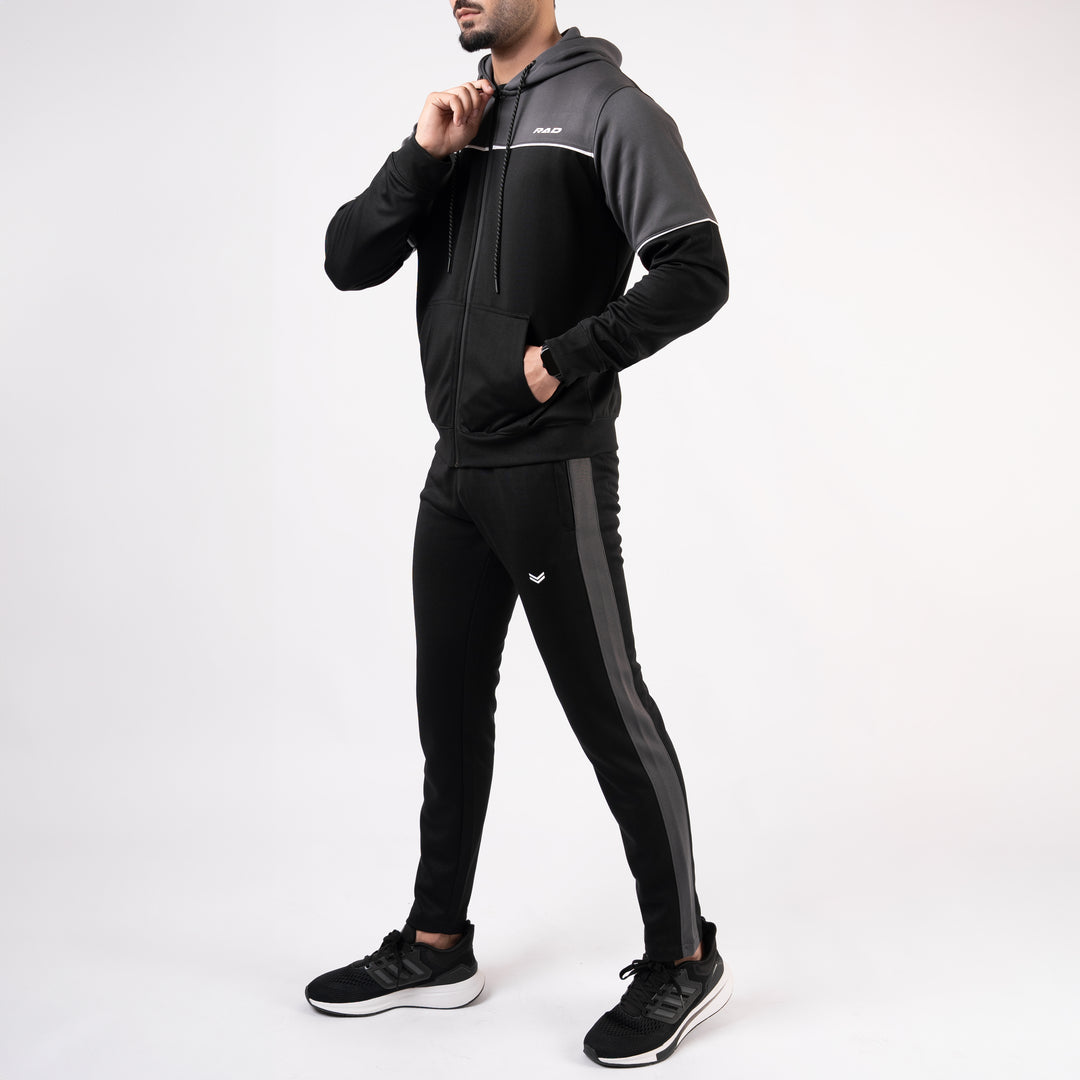 Black Hooded Tracksuit with Gray Top Panels & White Piping