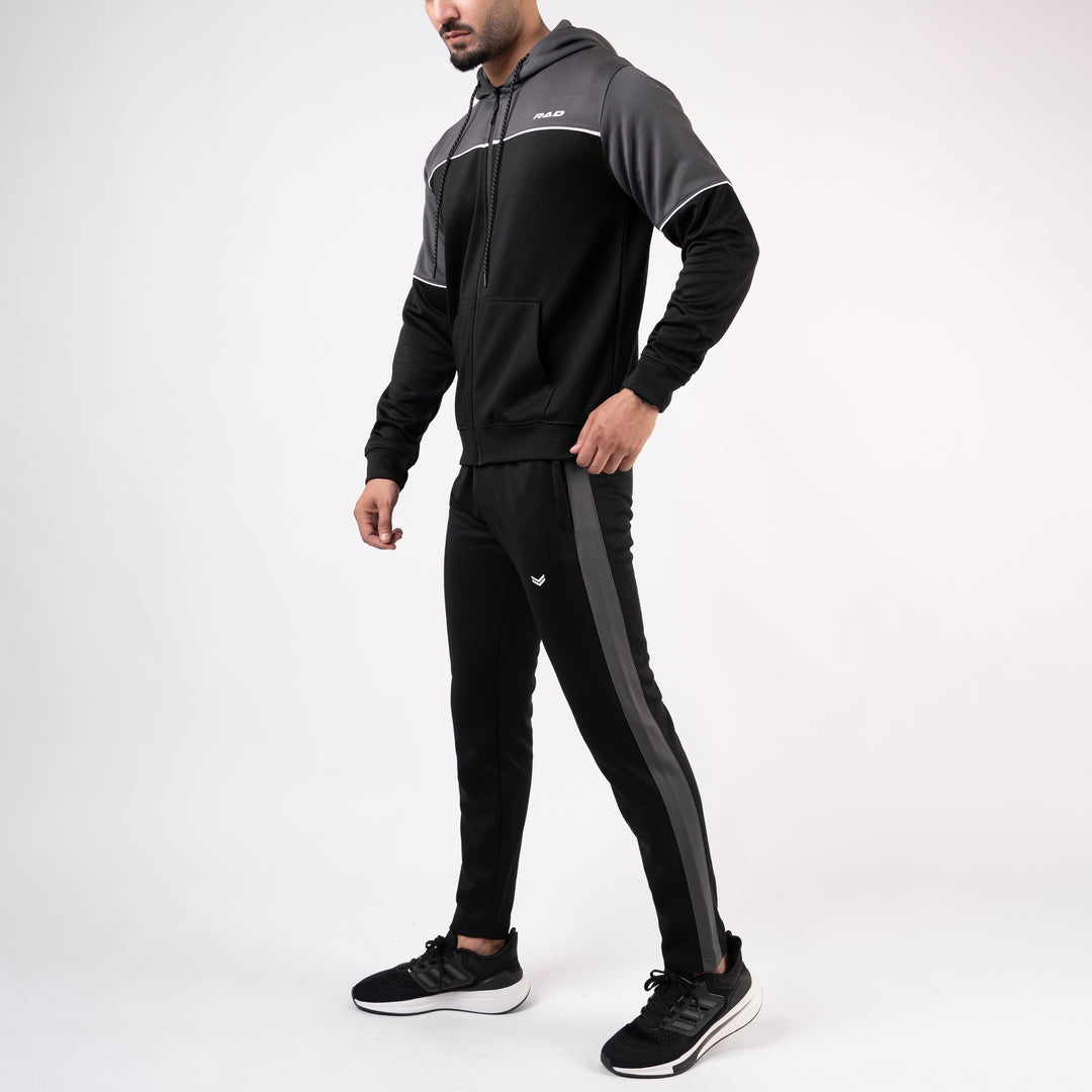 Black Hooded Tracksuit with Gray Top Panels & White Piping