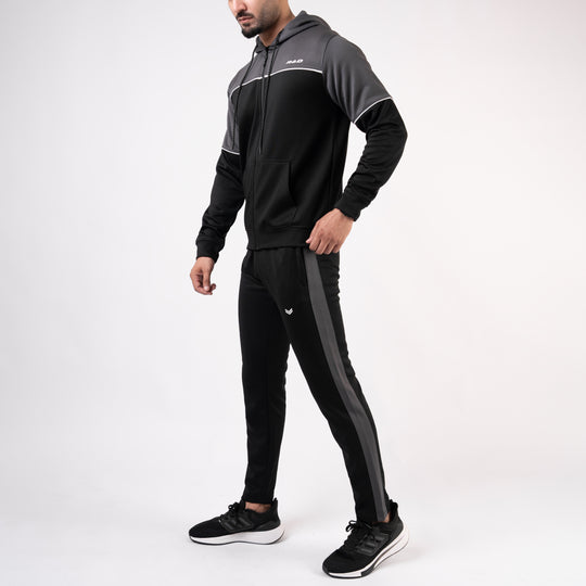Black Hooded Tracksuit with Gray Top Panels & White Piping
