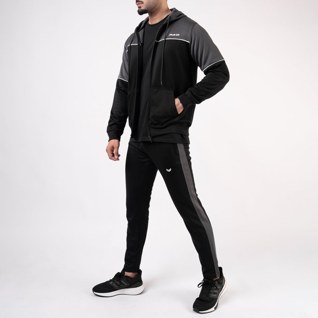 Black Hooded Tracksuit with Gray Top Panels & White Piping
