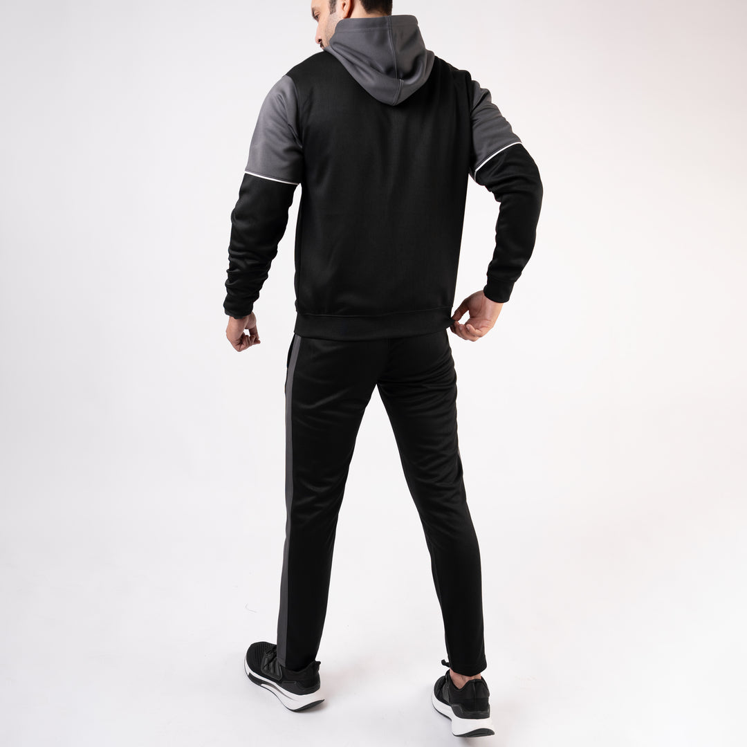 Black Hooded Tracksuit with Gray Top Panels & White Piping