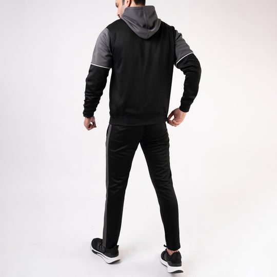 Black Hooded Tracksuit with Gray Top Panels & White Piping