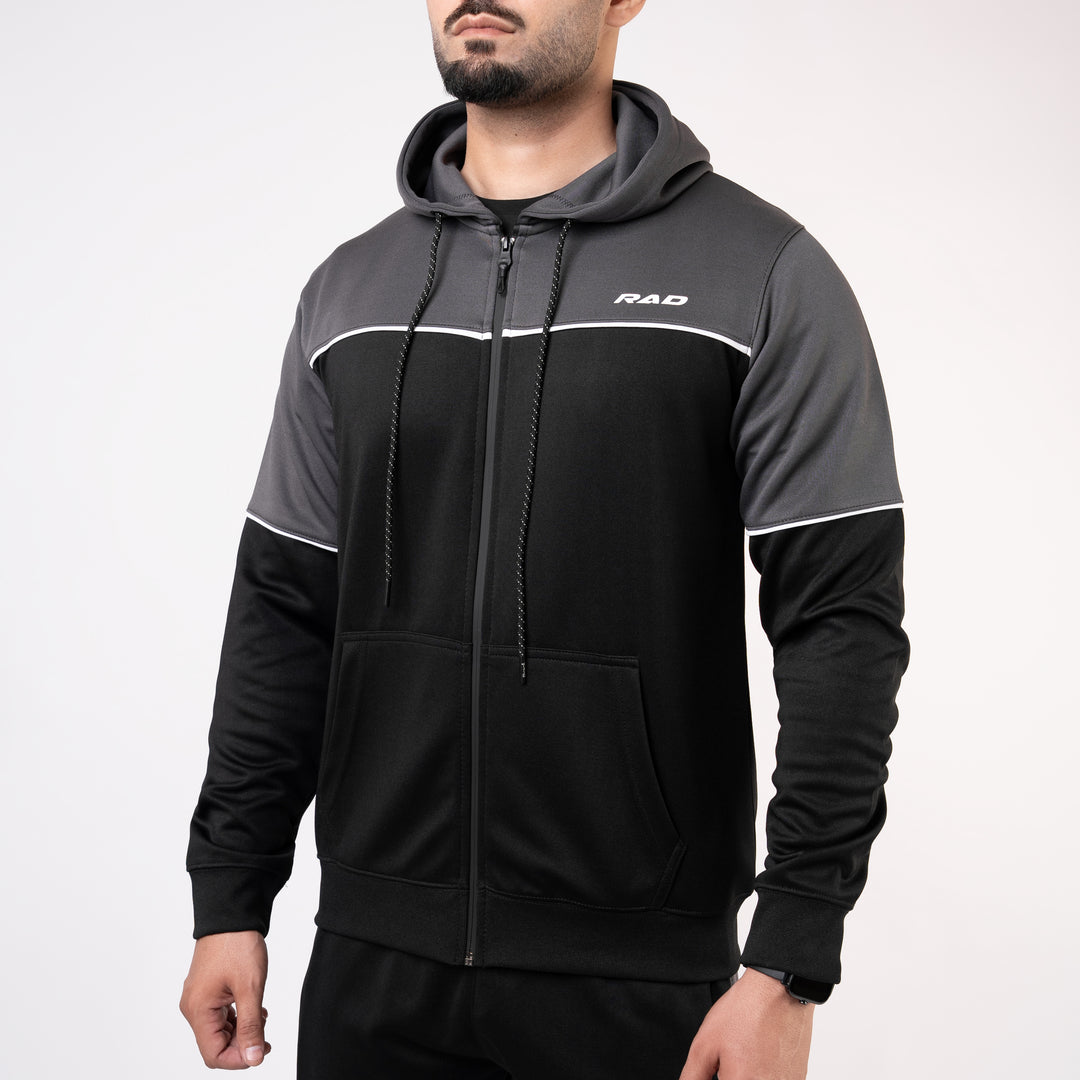 Black Hooded Tracksuit with Gray Top Panels & White Piping