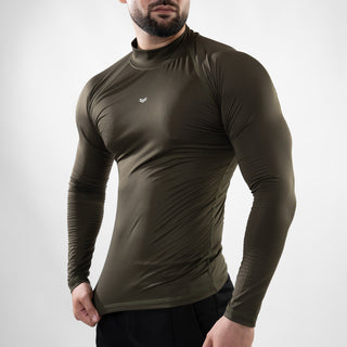 Olive Mock Neck Full Sleeve Compression T-Shirt