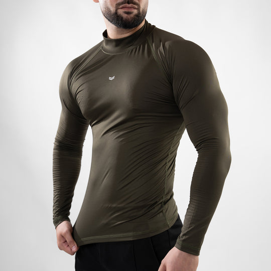 Olive Mock Neck Full Sleeve Compression T-Shirt