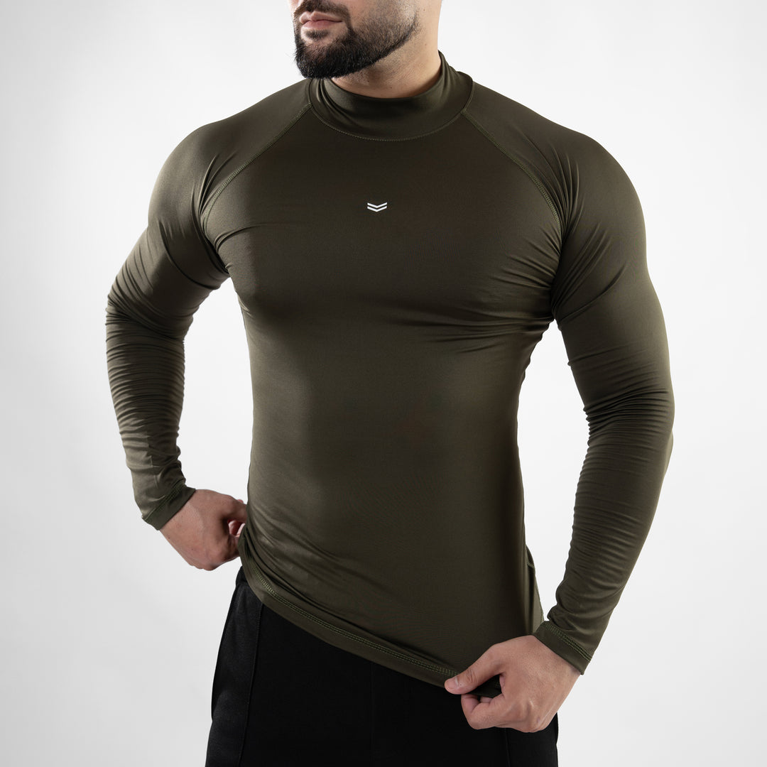 Olive Mock Neck Full Sleeve Compression T-Shirt — view 2