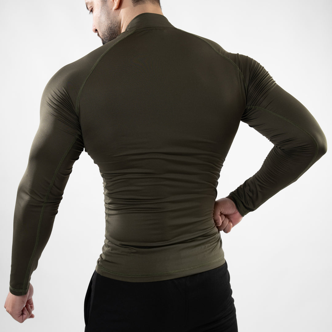 Olive Mock Neck Full Sleeve Compression T-Shirt — view 3