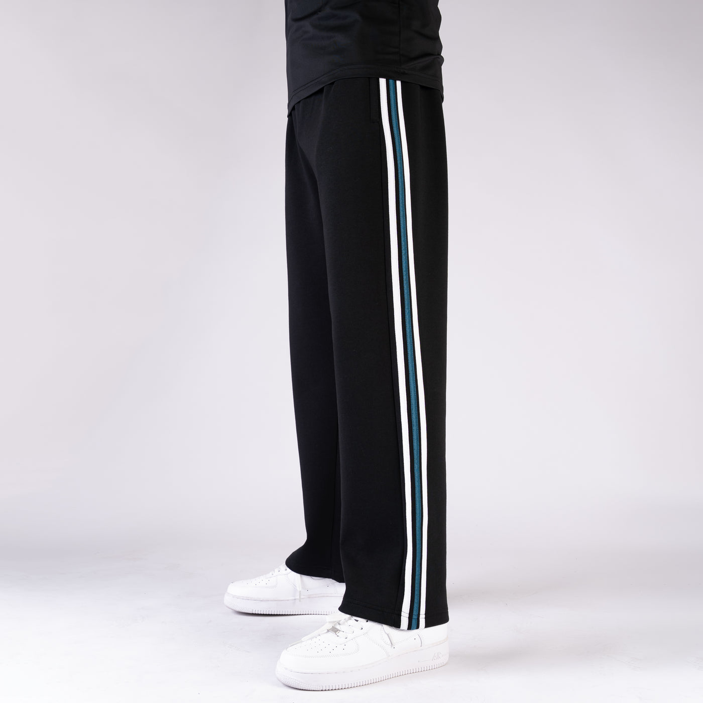 Black Wide Leg Trouser with Blue Contrast 3 Stripes