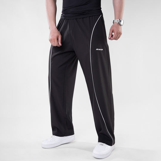 Black Micro Baggy Fit Trousers with White Arc Piping