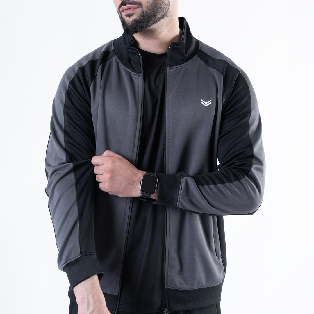 Black & Gray Paneled Mock-Neck Tracksuit
