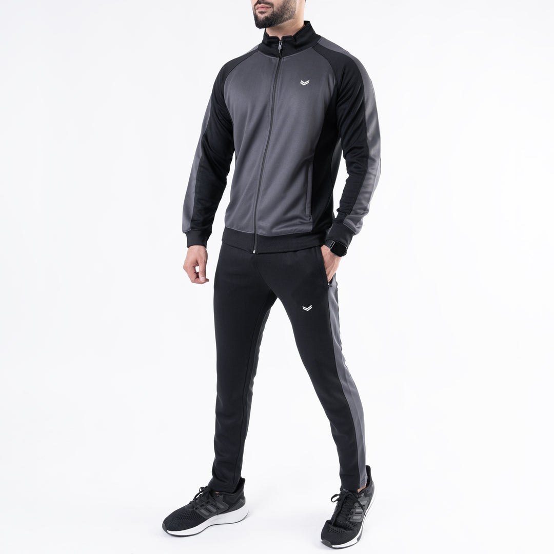 Black & Gray Paneled Mock-Neck Tracksuit