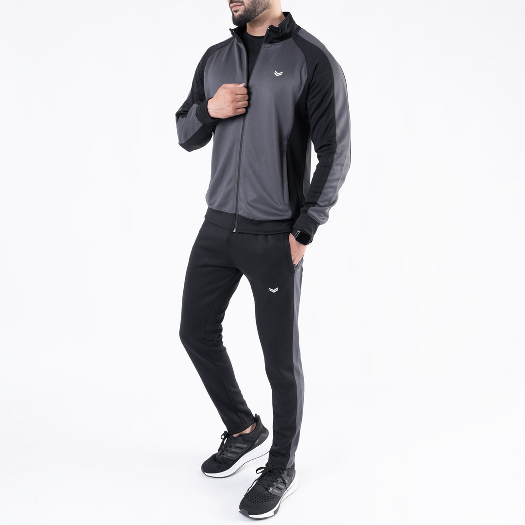 Black & Gray Paneled Mock-Neck Tracksuit