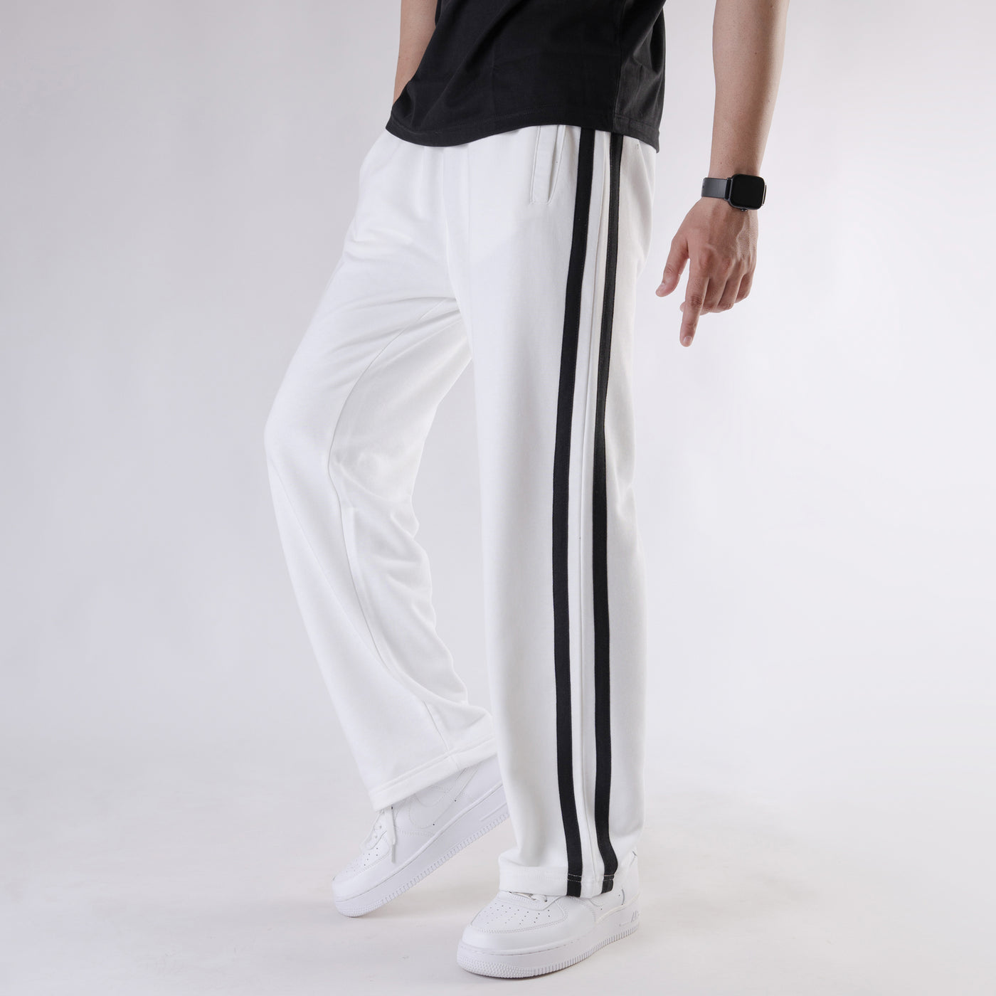 White Wide Leg Trouser with Two Black Stripes