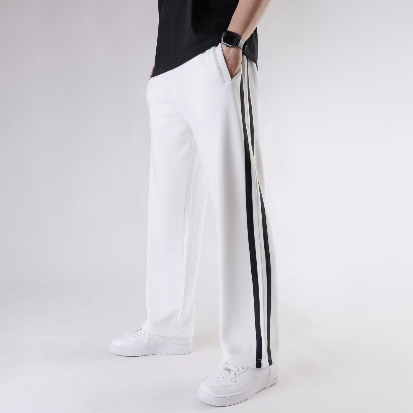 White Wide Leg Trouser with Two Black Stripes