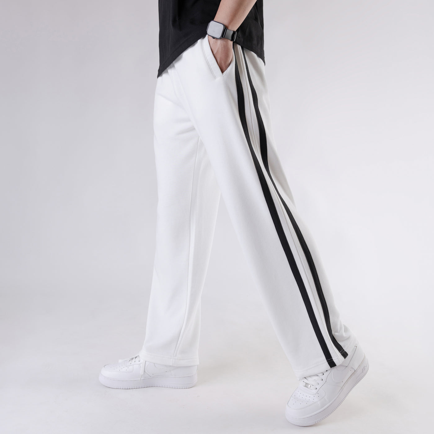 White Wide Leg Trouser with Two Black Stripes