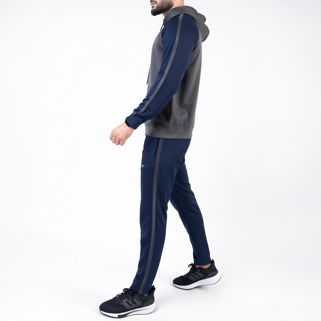 Gray & Navy Hooded Raglan Sleeves Tracksuit with One Stripe