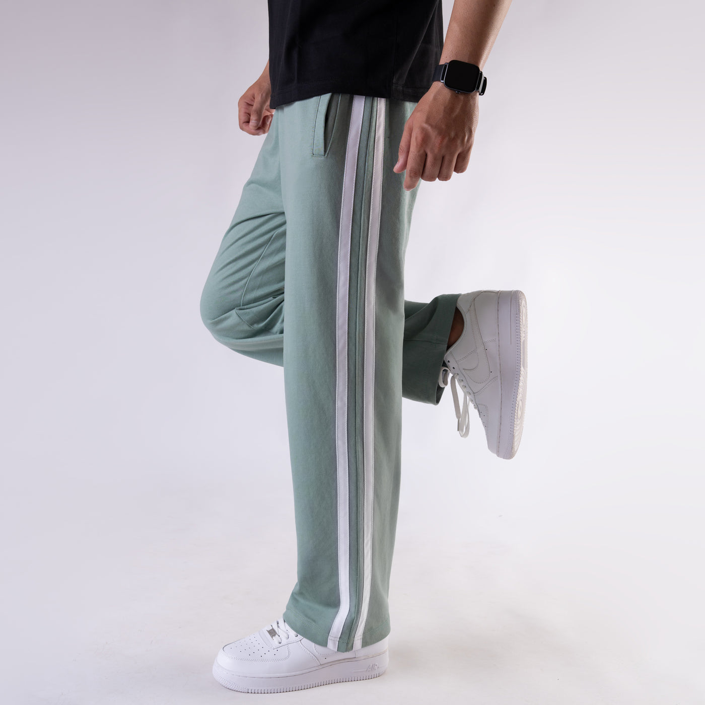 Sage Green Wide Leg Trouser with Two White Stripes