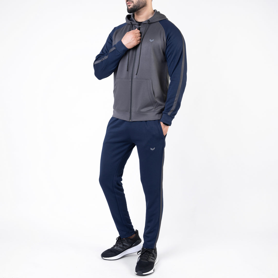 Gray & Navy Hooded Raglan Sleeves Tracksuit with One Stripe