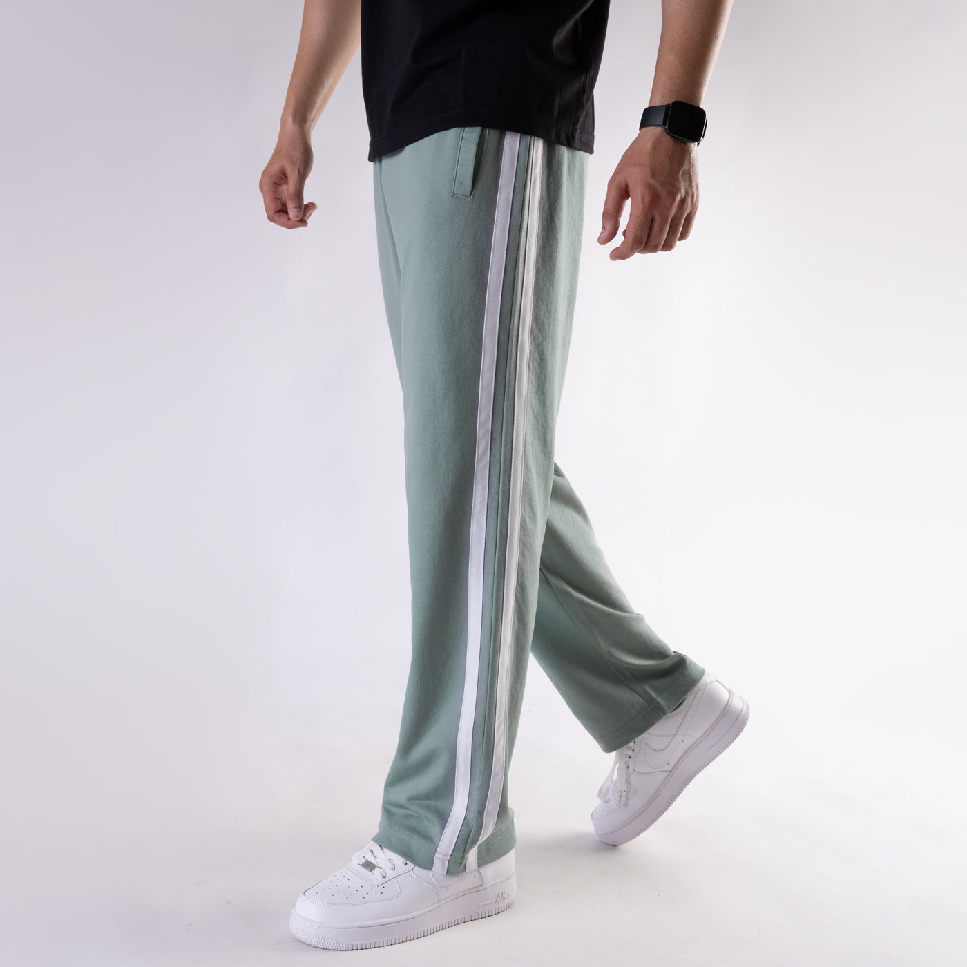 Sage Green Wide Leg Trouser with Two White Stripes