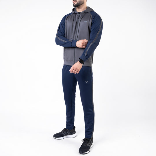 Gray & Navy Hooded Raglan Sleeves Tracksuit with One Stripe