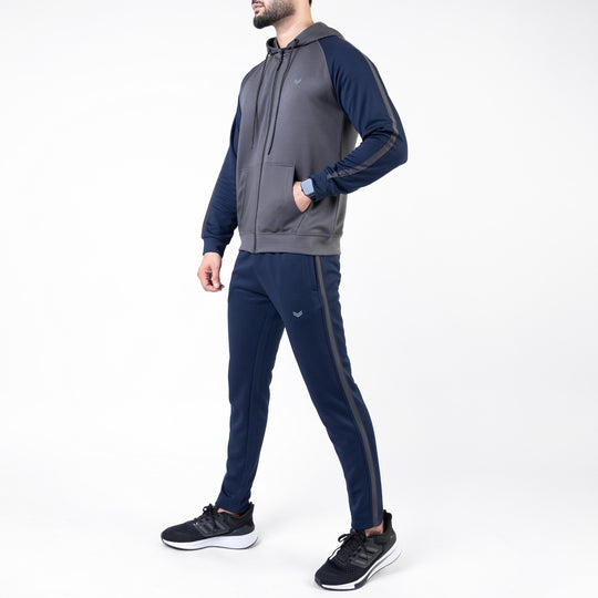 Gray & Navy Hooded Raglan Sleeves Tracksuit with One Stripe