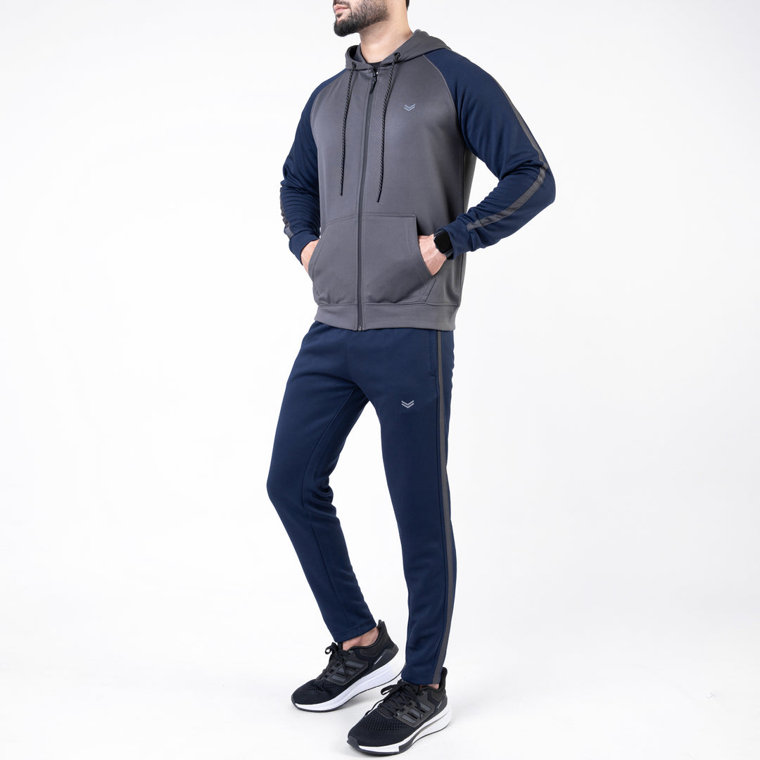 Gray & Navy Hooded Raglan Sleeves Tracksuit with One Stripe