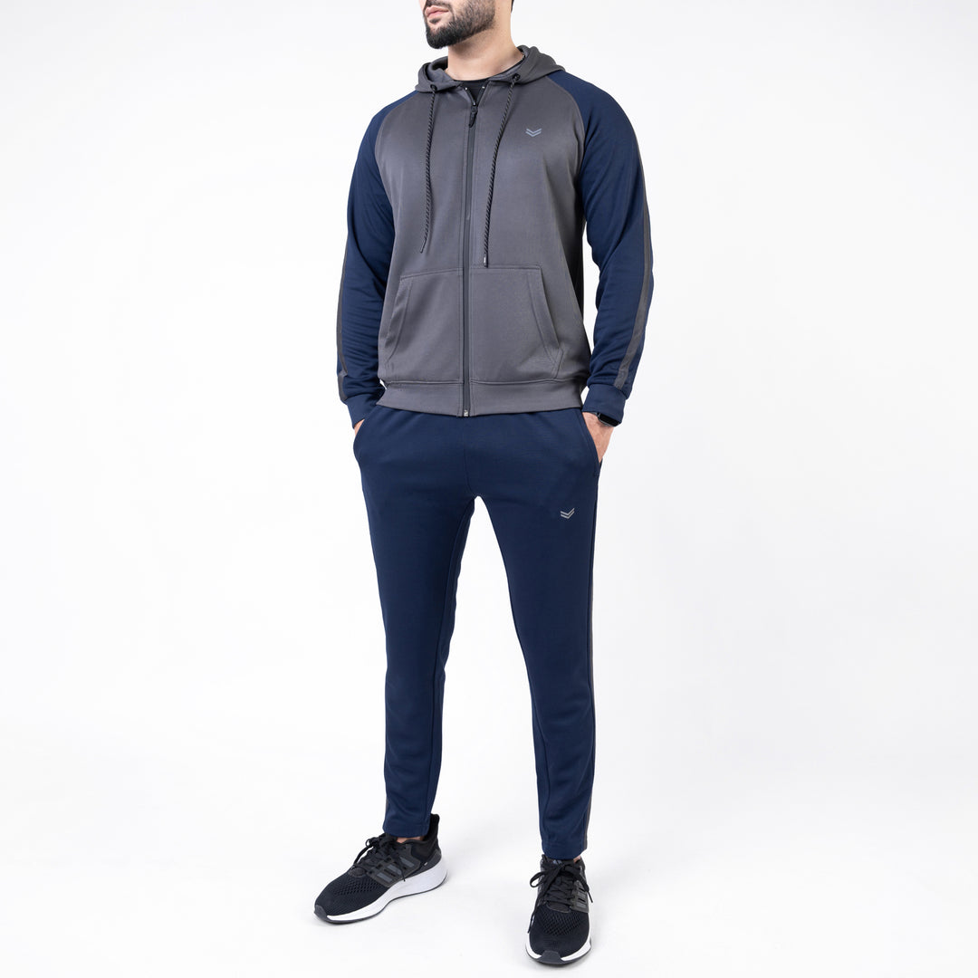 Gray & Navy Hooded Raglan Sleeves Tracksuit with One Stripe