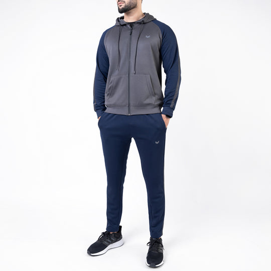 Gray & Navy Hooded Raglan Sleeves Tracksuit with One Stripe
