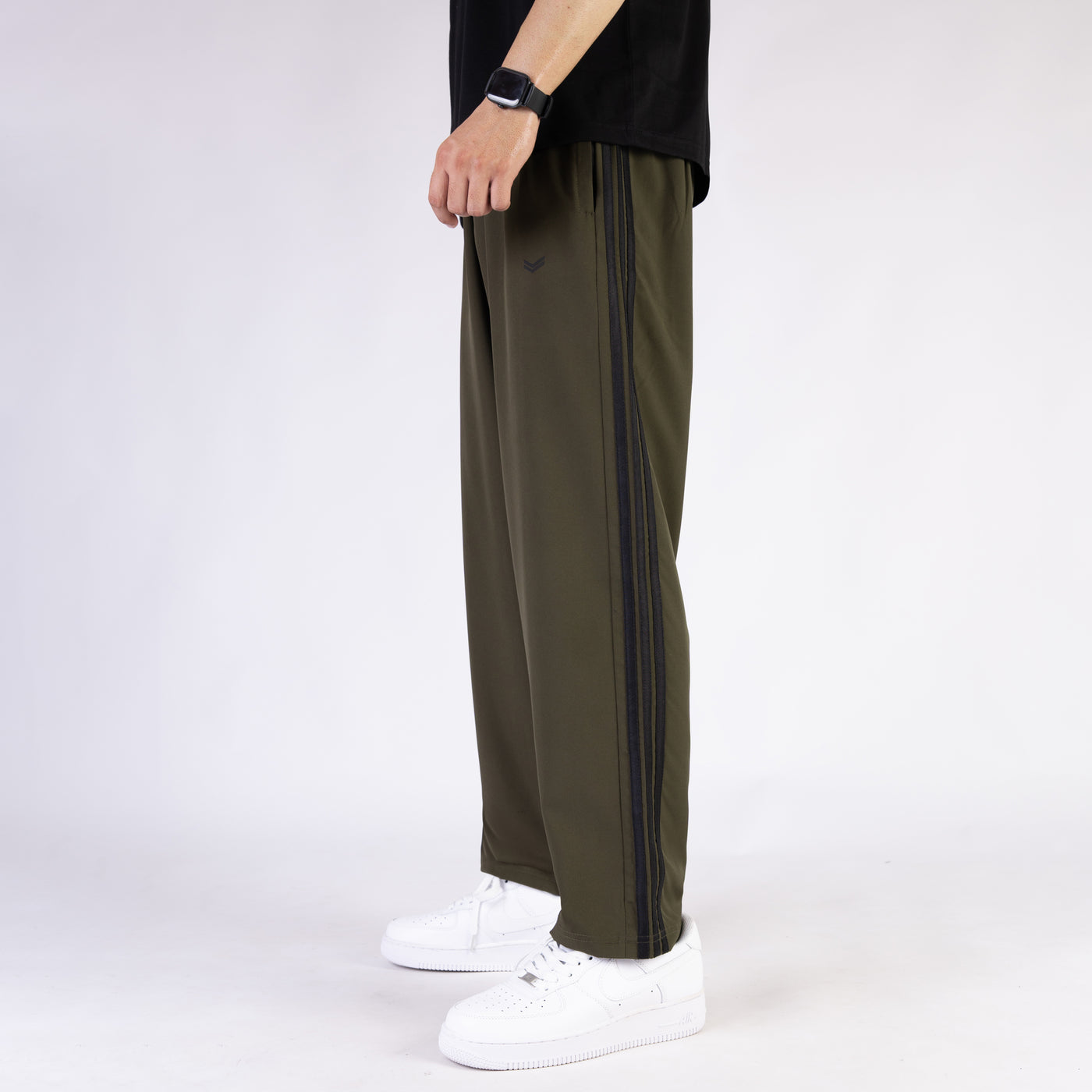 Olive Micro Relaxed Fit Trousers with Three Black Stripes