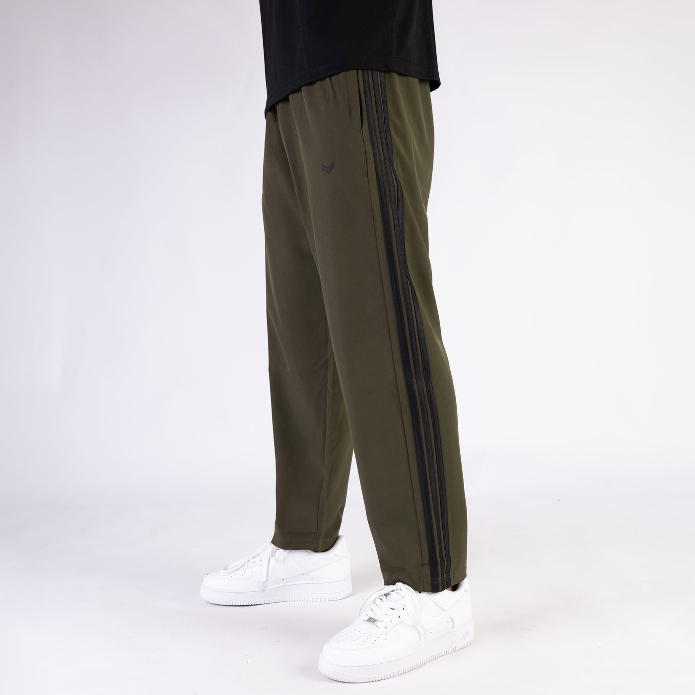 Olive Micro Relaxed Fit Trousers with Three Black Stripes