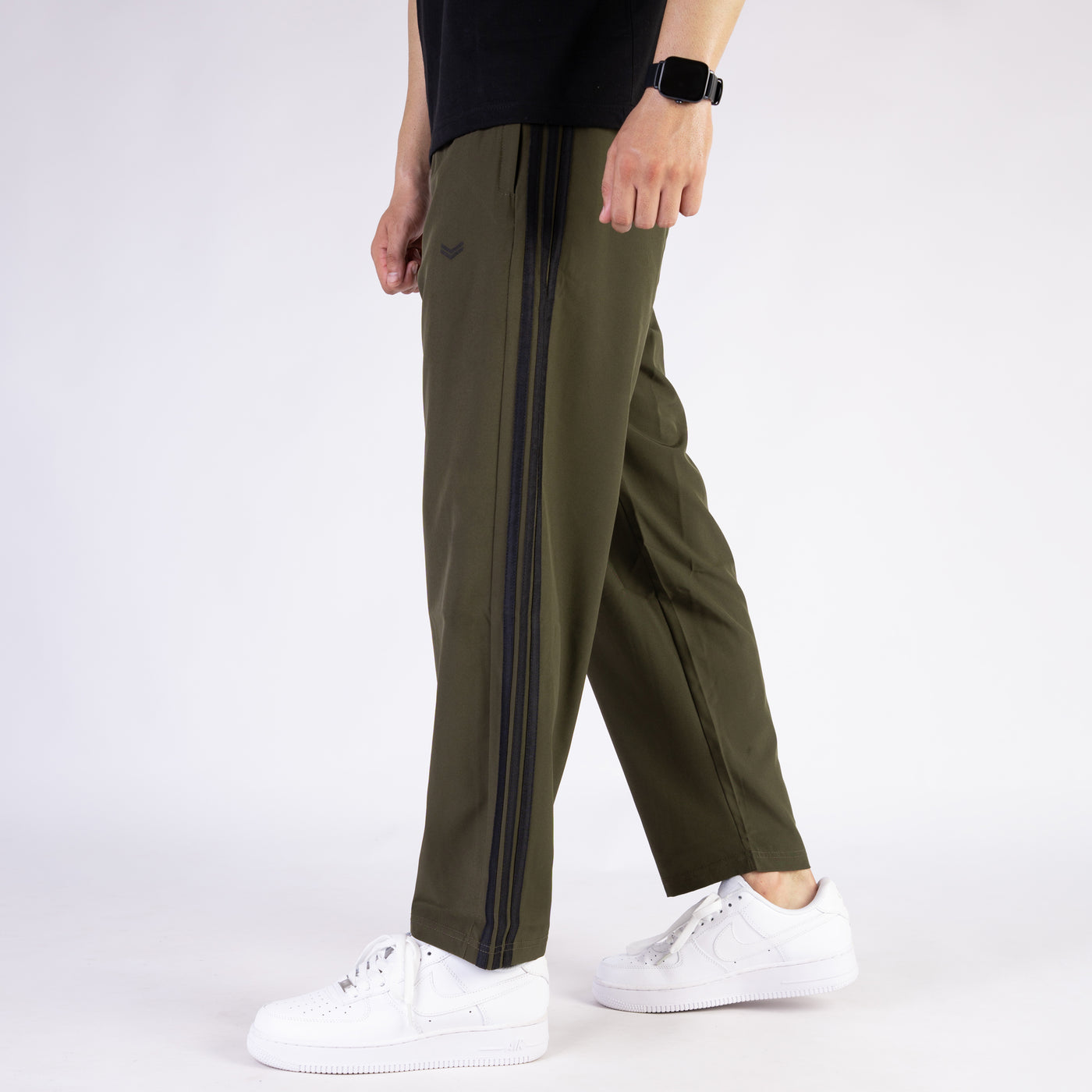 Olive Micro Relaxed Fit Trousers with Three Black Stripes