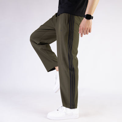 Olive Micro Relaxed Fit Trousers with Three Black Stripes