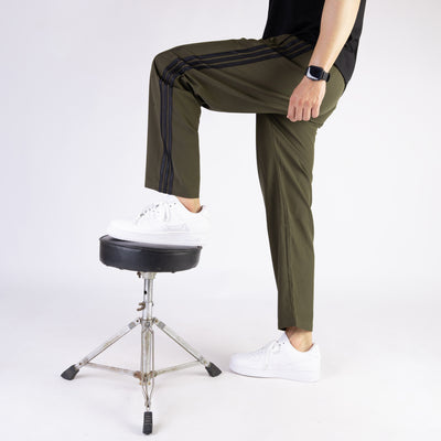 Olive Micro Relaxed Fit Trousers with Three Black Stripes