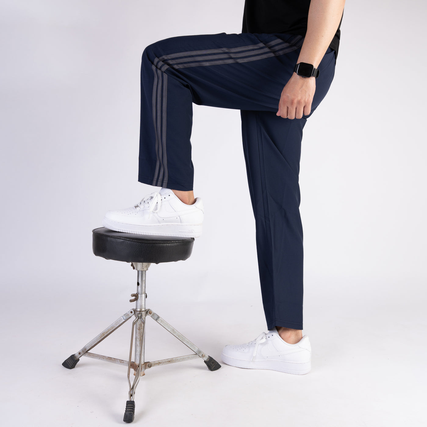 Navy Micro Relaxed Fit Trousers with Three Gray Stripes