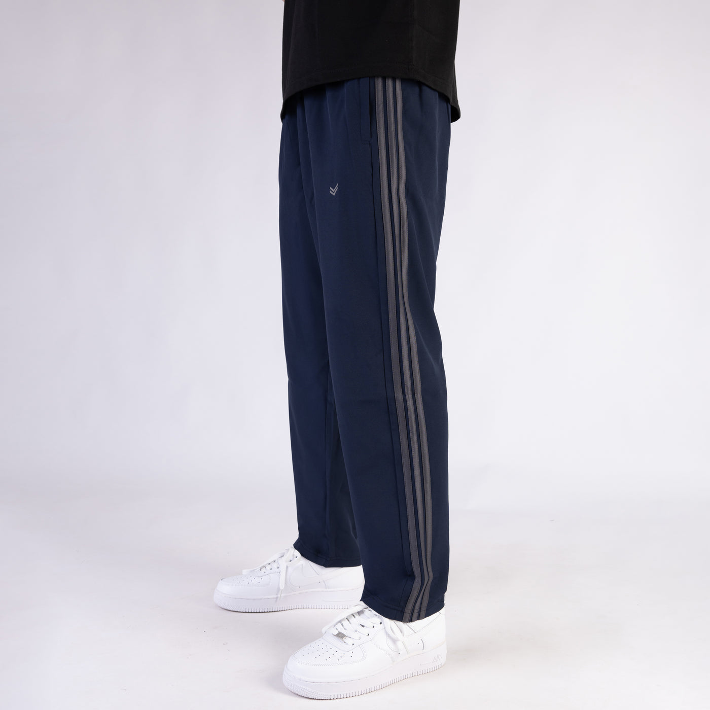 Navy Micro Relaxed Fit Trousers with Three Gray Stripes