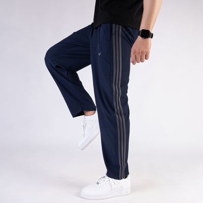 Navy Micro Relaxed Fit Trousers with Three Gray Stripes