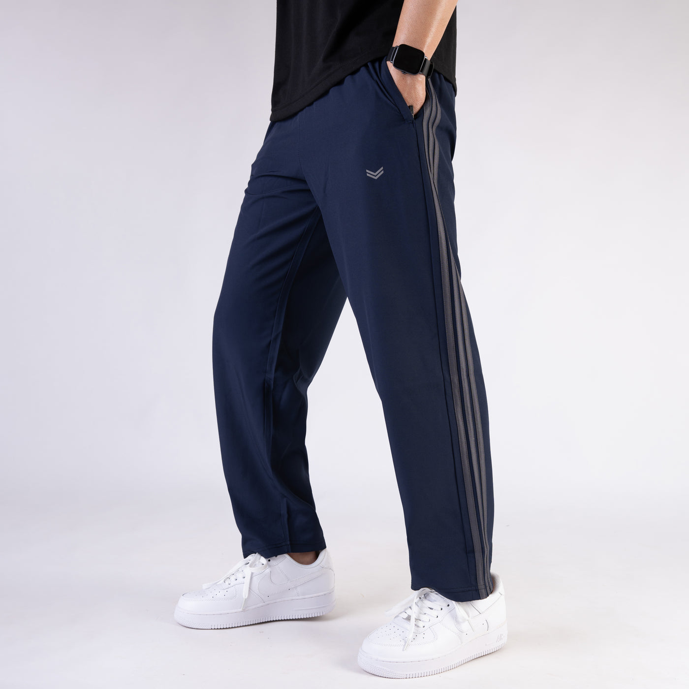 Navy Micro Relaxed Fit Trousers with Three Gray Stripes