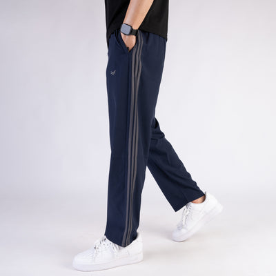 Navy Micro Relaxed Fit Trousers with Three Gray Stripes