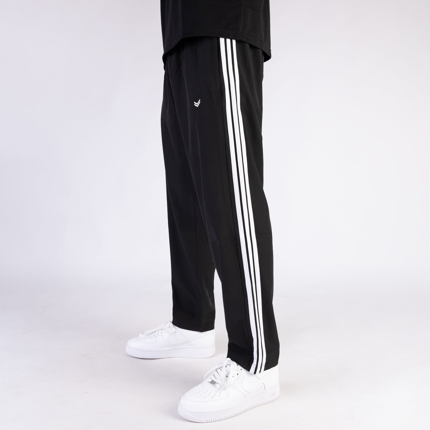 Black Micro Relaxed Fit Trousers with Three White Stripes