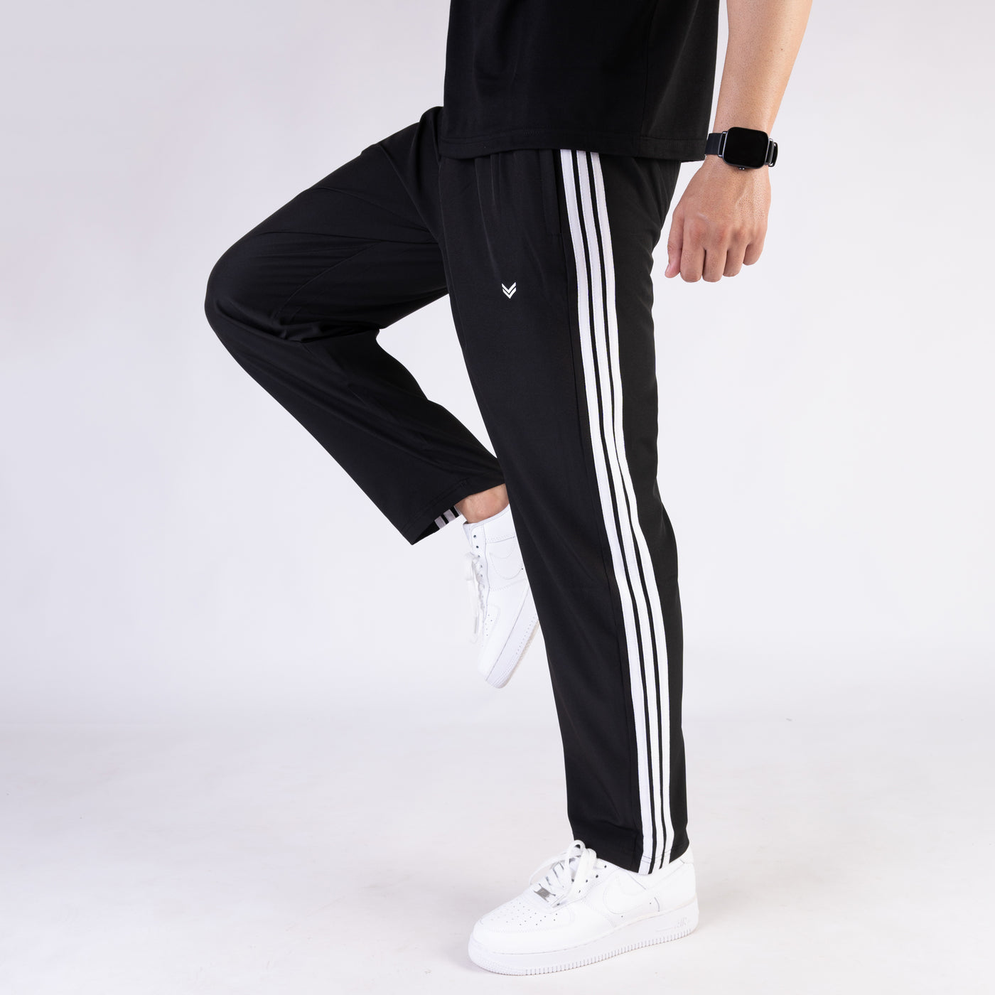 Black Micro Relaxed Fit Trousers with Three White Stripes