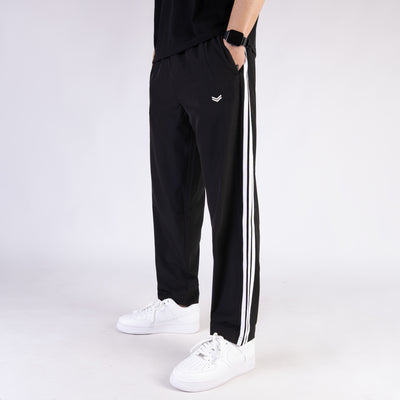 Black Micro Relaxed Fit Trousers with Three White Stripes