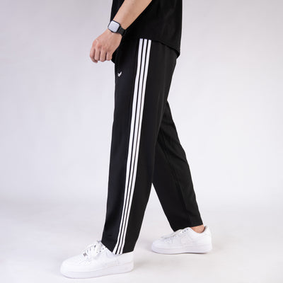 Black Micro Relaxed Fit Trousers with Three White Stripes