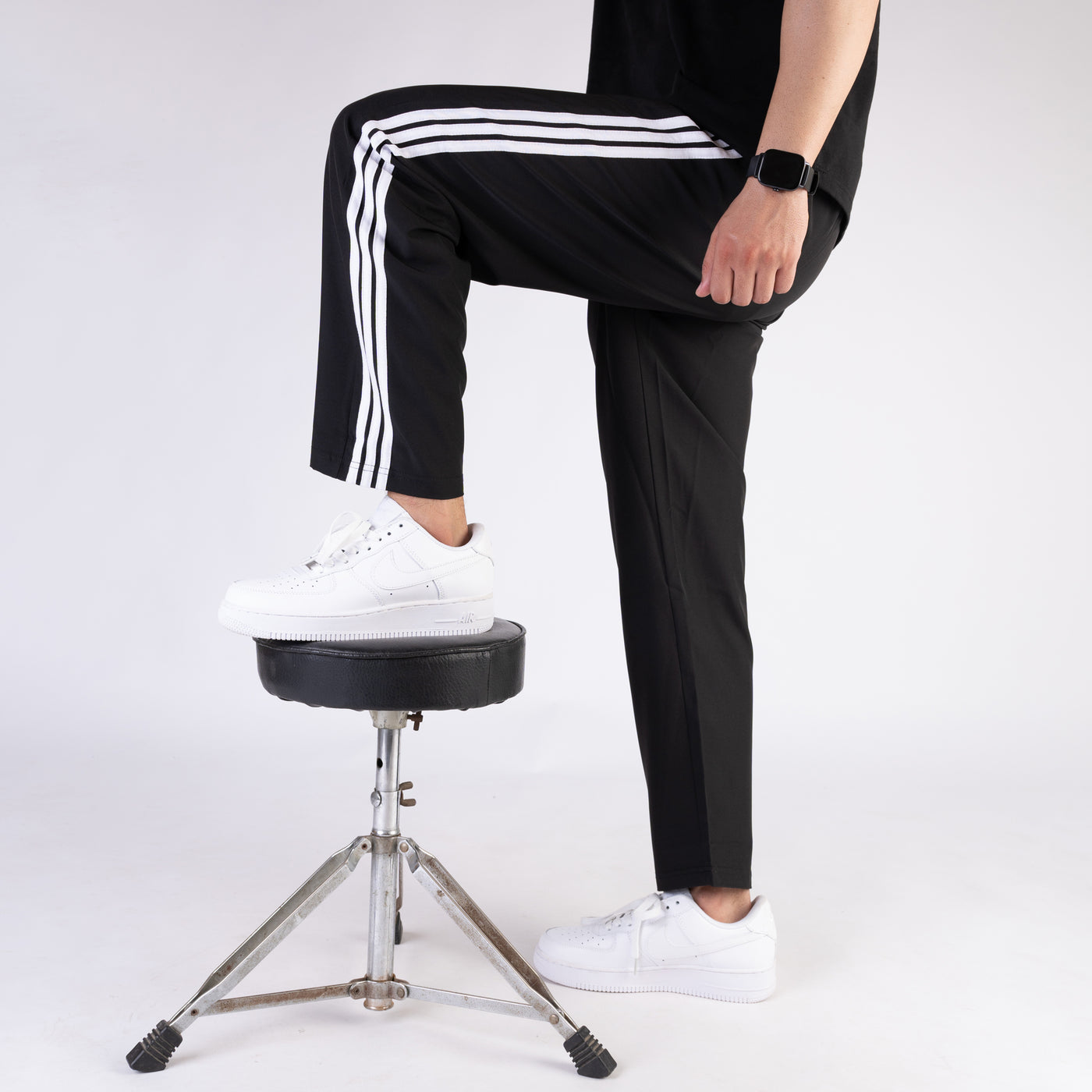 Black Micro Relaxed Fit Trousers with Three White Stripes