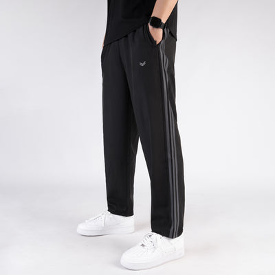 Black Micro Relaxed Fit Trousers with Three Gray Stripes