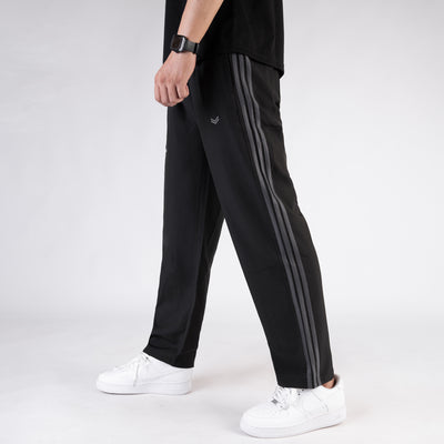 Black Micro Relaxed Fit Trousers with Three Gray Stripes