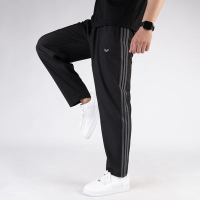 Black Micro Relaxed Fit Trousers with Three Gray Stripes