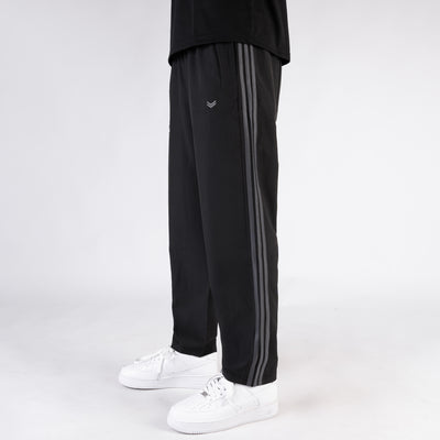 Black Micro Relaxed Fit Trousers with Three Gray Stripes